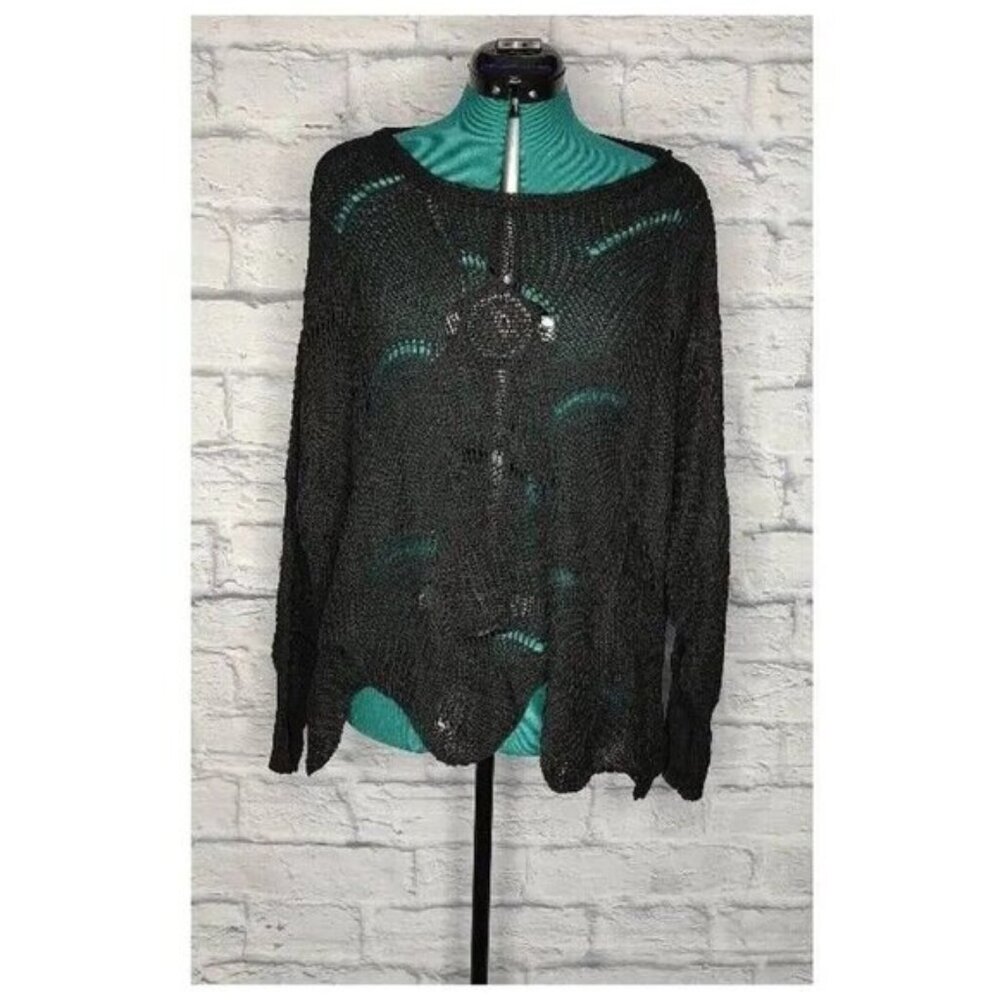 FABRIK Womens Pullover Sweater Black Long Sleeve Jewel Neck Open Knit Crochet S